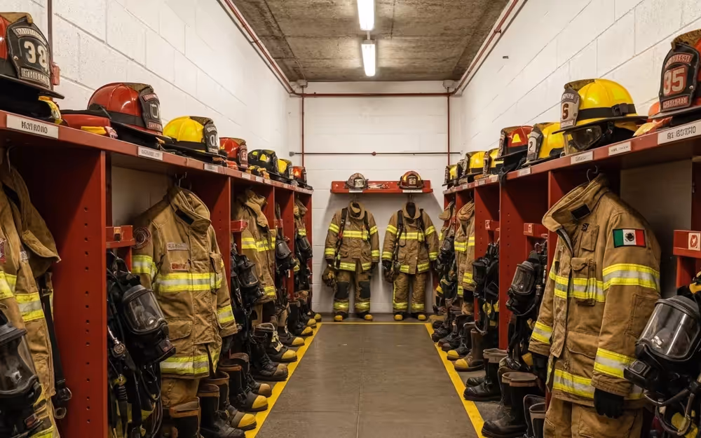 Vestidor con trajes estructurales y cascos de bomberos