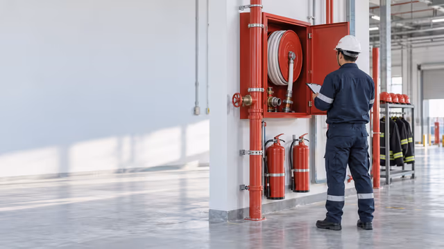 Técnico revisando equipo contra incendio en una instalación