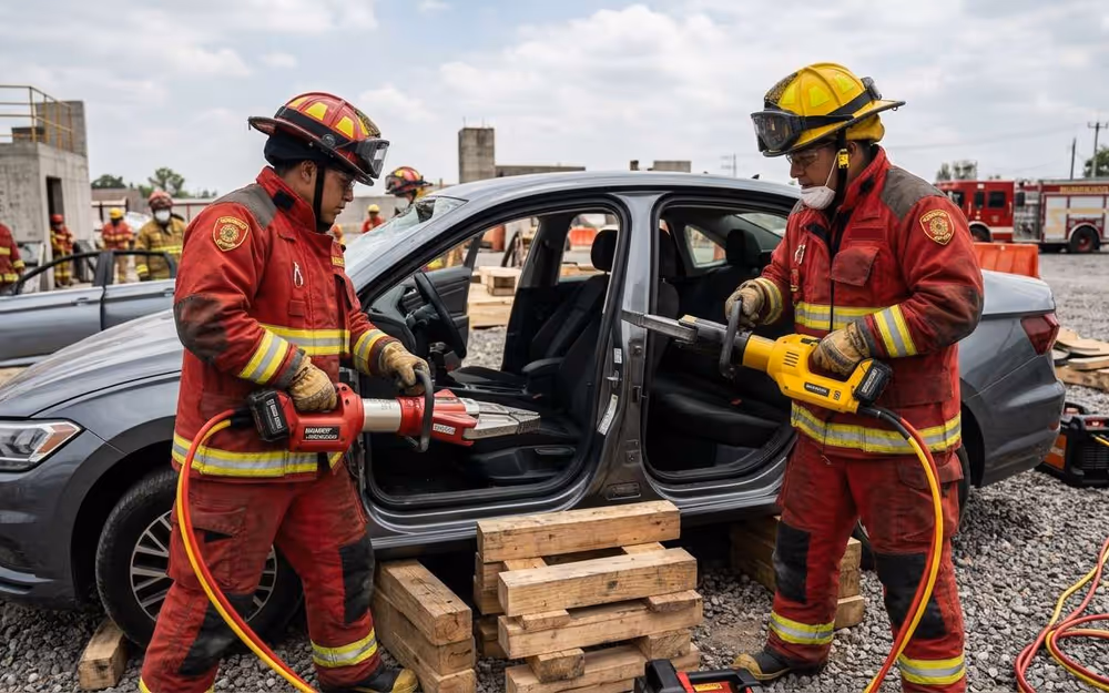 Bomberos usando herramientas de corte en un rescate vehicular