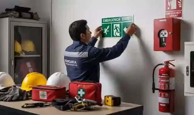 Instalación de señal de salida de emergencia junto a una alarma