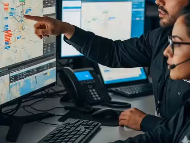 Operadores supervisando un sistema de monitoreo y alarma