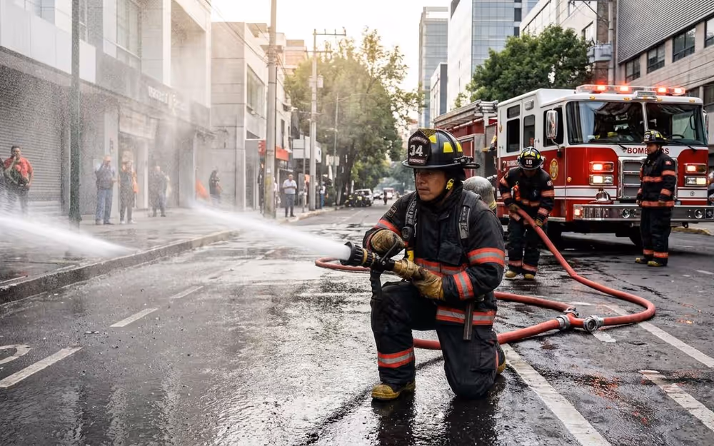 Bombero combatiendo un incendio con manguera conectada a un hidrante