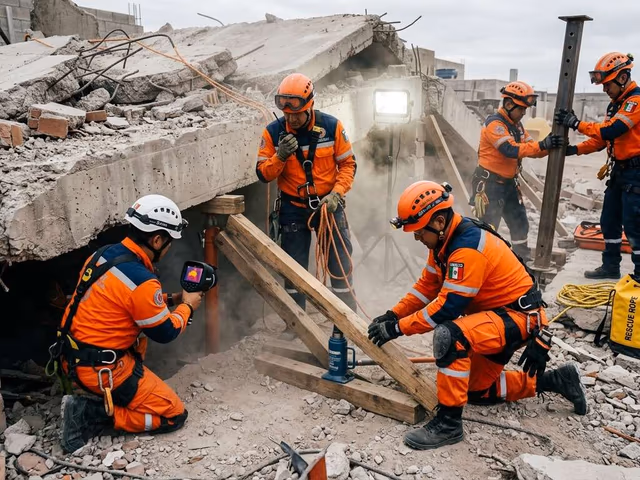 Brigada de rescate trabajando en una estructura colapsada